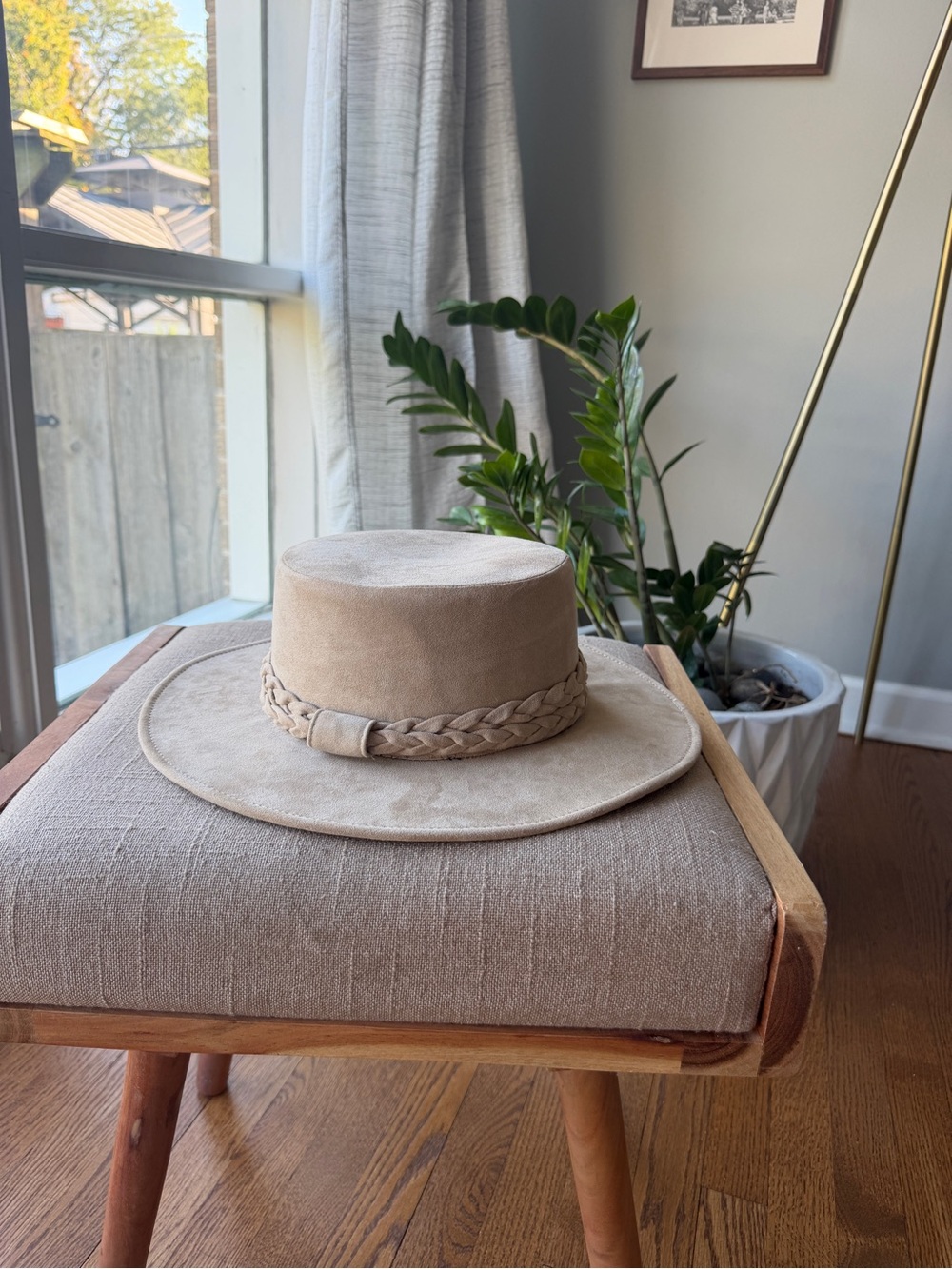Anthropologie ASN Los Angeles Faux Suede NAKED Hat Womens Cordobes Braided Wide.